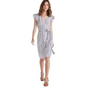 Lucky Brand Blue White Pinstripe Eyelet  Cotton Wrap Dress Size Med Coastal